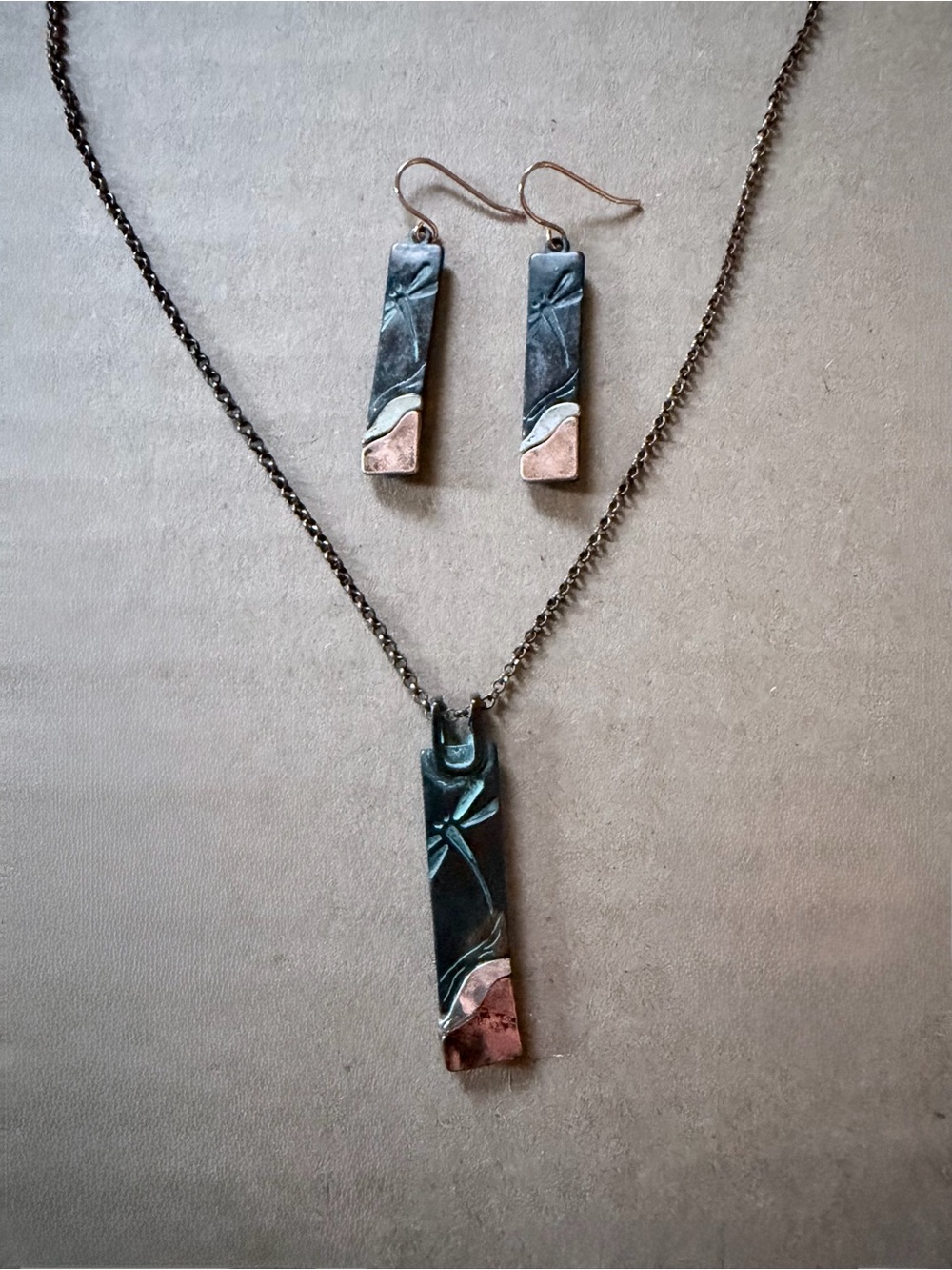 Hand Crafted Patina Copper Accent Necklace & Earrings Set Dragonfly Rectangle